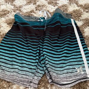 Hurley Aqua and Black Striped Swim Shorts